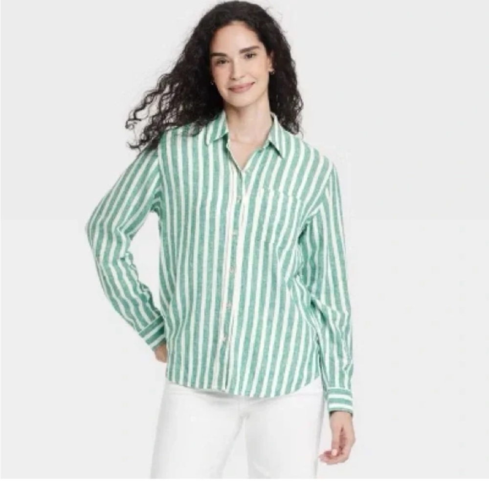 Universal Thread green and white striped linen shirt